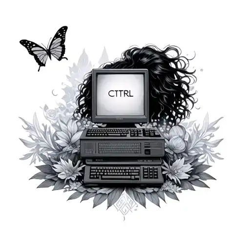 Sza Album Ctrl Inspired Tattoo Featuring Stacked Computers With Butterfly And Ethereal Elements
