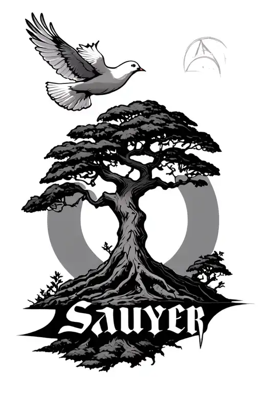 Poison Tree With A Dove Flying Above With The Name Sawyer Inside