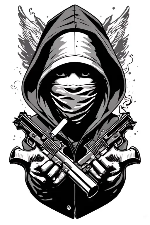 Tatoo Of Guns And A Person Smoking A Blunt With A Ski Mask On In The Hood Tattoo idea