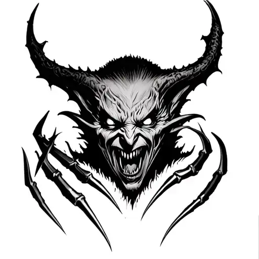 Demon Face With Claws Emerging From The Dark Scary Eyes