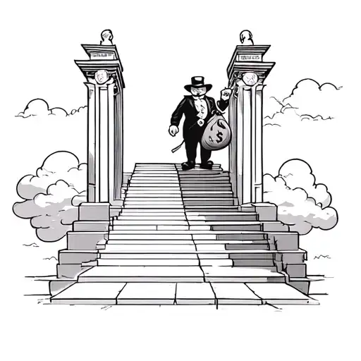 Heaven Gates With Monopoly Man With Money Bag Going Up Stairs And Clouds In Background