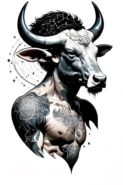 A Man's Torso With A Bull's Head And Around It The Constellation Of Cancer And Aquarius