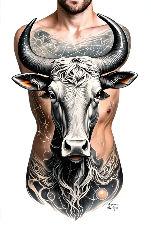 A Man's Torso With A Bull's Head And Around It The Constellation Of Cancer And Aquarius