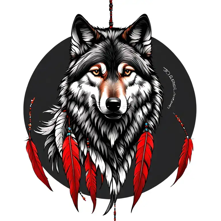 Dreamcatcher With Red Feathers And A Wolf