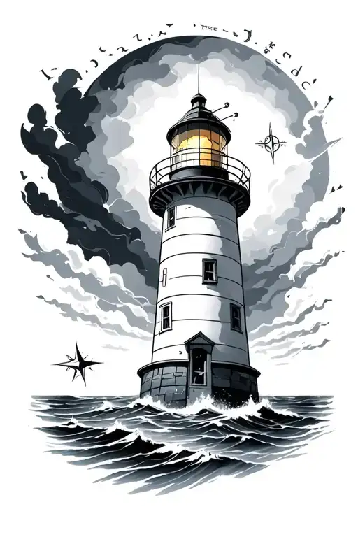 Lighthouse In A Storm With Compass Intertwined
