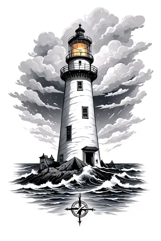 Lighthouse In A Storm With Compass Black Ink