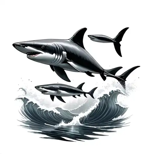 2 Sharks Swimming Realistic Shadows Black And Grey Waves Background