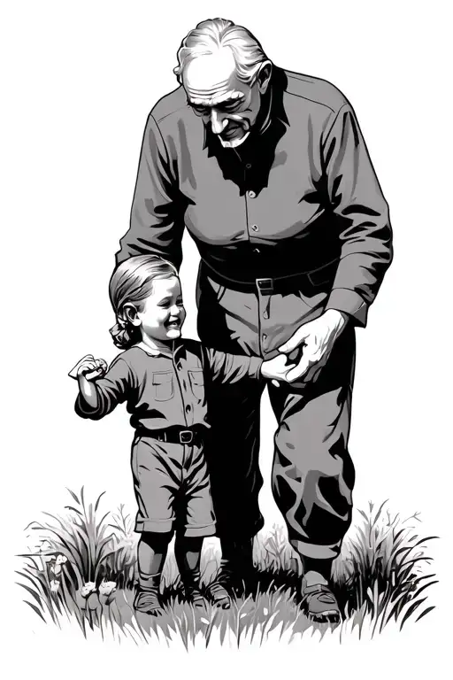 Granpa And Granma Holdin Boy Kid Hand In Field