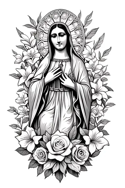 Virgen De Guadalupe Mexican With Roses Lilies Around As Kind Of The Background