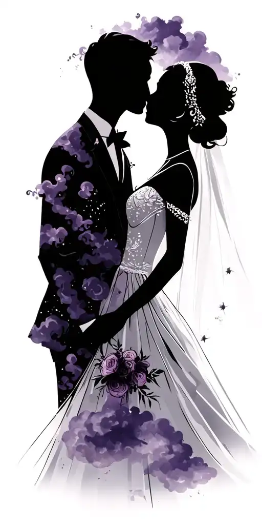 A Bride And Groom Silhouette With A Backdrop Of Dark Purple Clouds