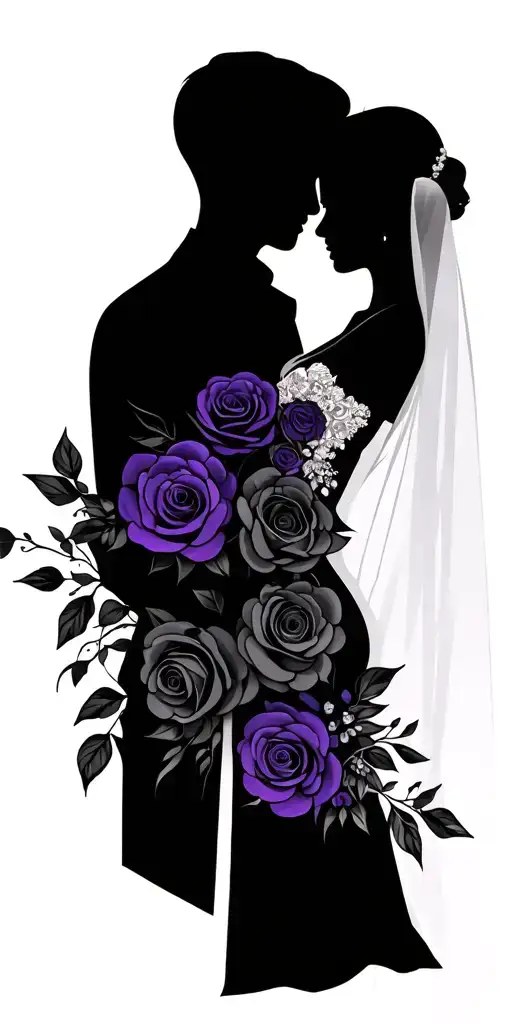 A Bride And Groom Silhouette With A Backdrop Of Dark Purple Roses