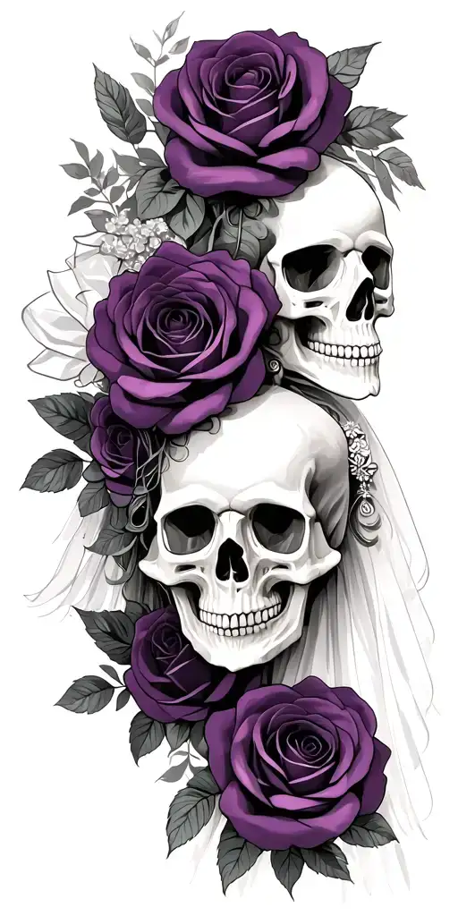 A Bride And Groom Skulls With A Backdrop Of Dark Purple Roses