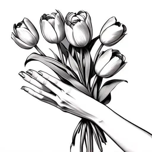 Small Bouquet Of Tulips And A Full Womens Hand Above It Reaching It From The Front Side