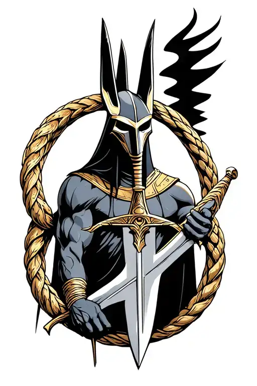 Anubis Holding Sword With Scale And Ouroboros Around It