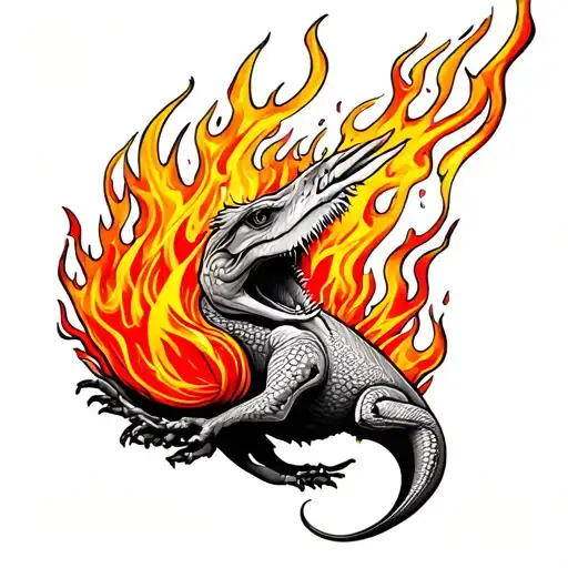 Colourful Tattoo With A Camelian On Fire With A Phonix Rising From Its Mouth