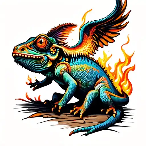 Colourful Tattoo Of A Chameleon On Fire With A Phonix Rising From Its Mouth