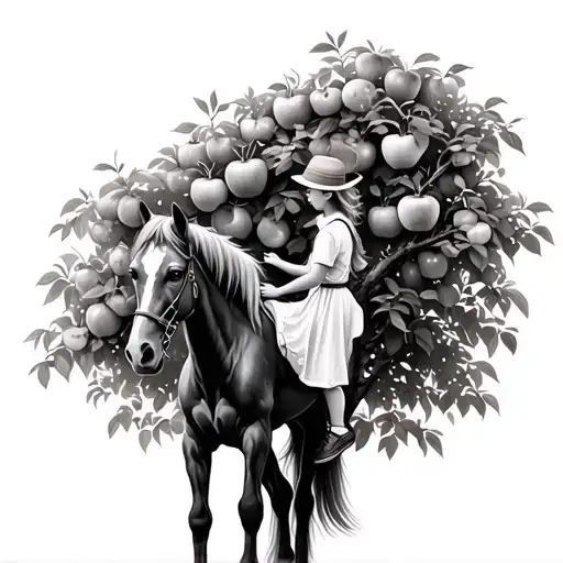 Little Girl Climbing An Apple Tree To Get Onto A Horse