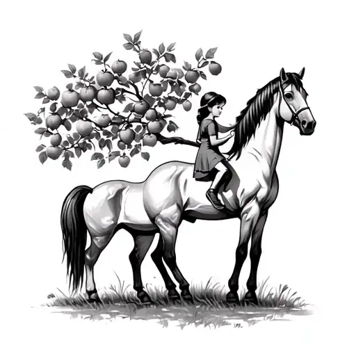 A Little Girl Climbing An Apple Tree With A Horse Next To It