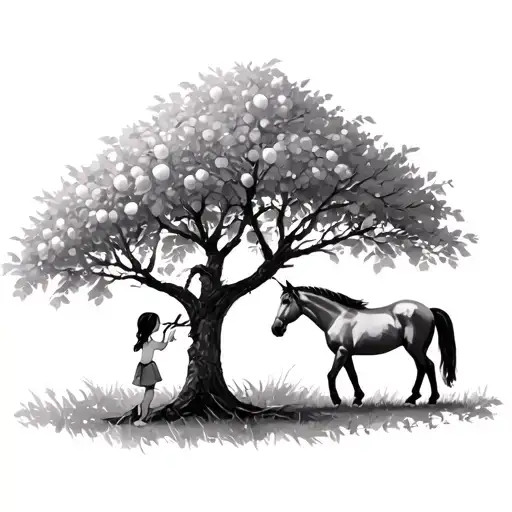 A Little Girl Climbing An Apple Tree With A Horse Next To It