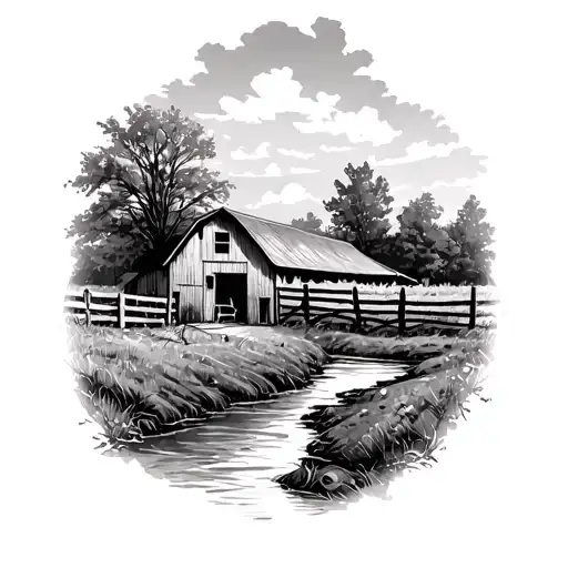 Farm Yard With Milking Barn And Wood Post Fence And A Creek In The Background