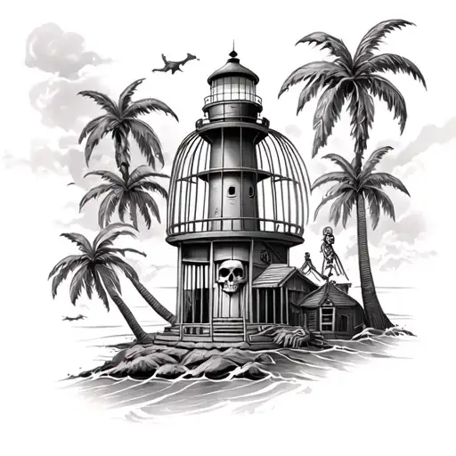 Lighthouse Palm Trees And Pirate Skeleton In Caged