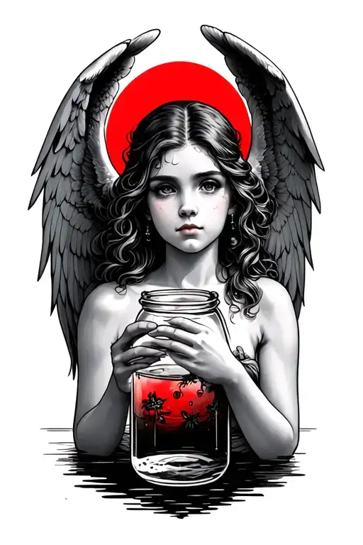 Woman With Cupid Wings Holding A Jar Of Water With Red Moon