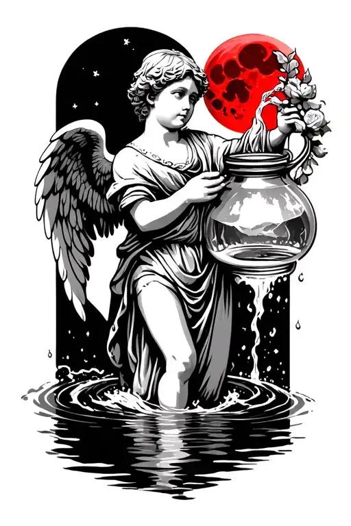 Cupid Holding A Oldest Jar Flowing Water With Red Moon
