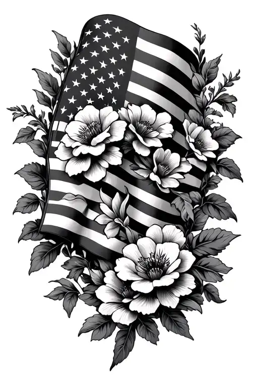 Flowers Intertwined American Flag Waving