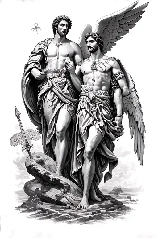Leg Sleeve Tattoo With Saint George And Archangel Michael