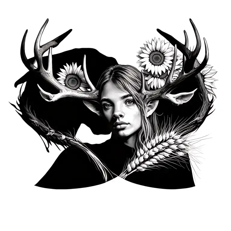 6 Point Realistic Deer Antlers Spaning Across Woman's Chest With Wheat And Sunflowers It The Middle