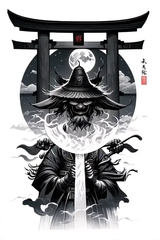 Japanese Ronin With Tori Gate And Moon