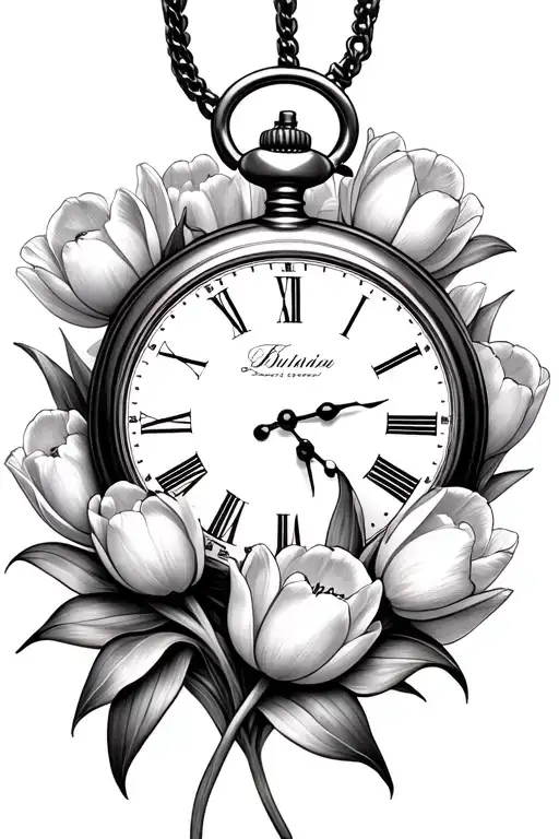 Pocket Watch And Tulip Bouquet Surrounded