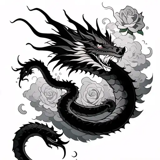 Dragon With Roses And Clouds And A Snake To Move Together