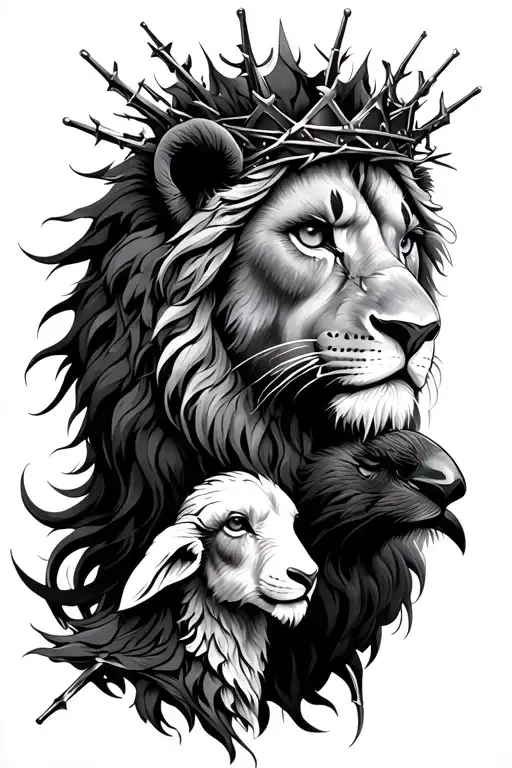 Lion With Kings Crow And Lamb With Crown Of Thorns