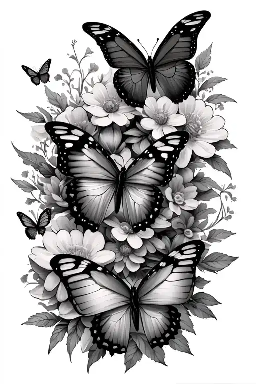 3 Butterflies Fluttering Amidst A Cacoon And Flowers