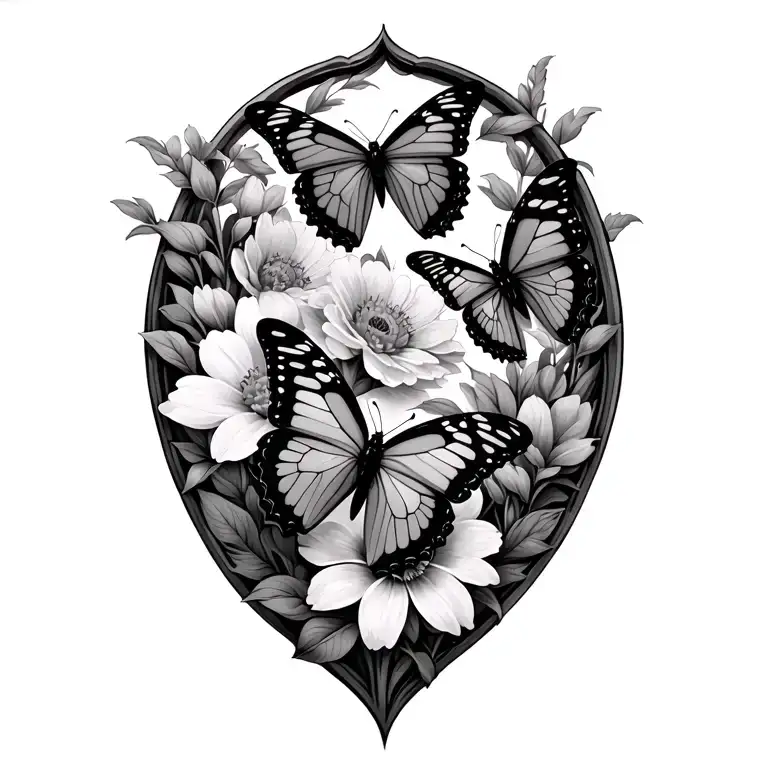 3 Butterflies Fluttering Amidst A Cacoon And Flowers