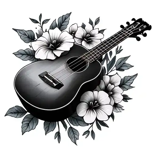 Ukulele With A Broken String And Flowers Intertwined