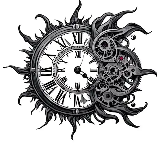 Sun And Clock Mechanism Intertwined