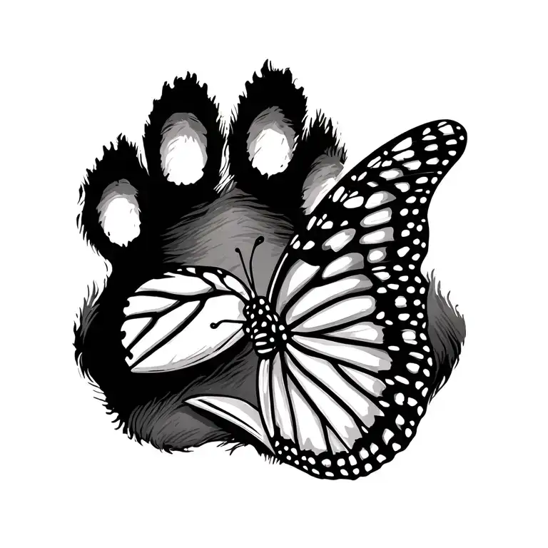 Monarch Butterfly Resting On Dog Paw Print