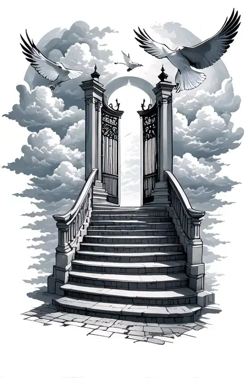Stairs To Heaven Gates Clouds And Doves