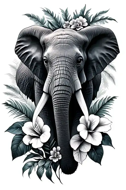 Slightly Turned Elephant Head With Tropical Rainforest Flowers