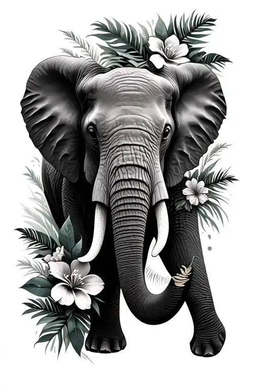 Slightly Turned Elephant Face With Tropical Rainforest Flowers