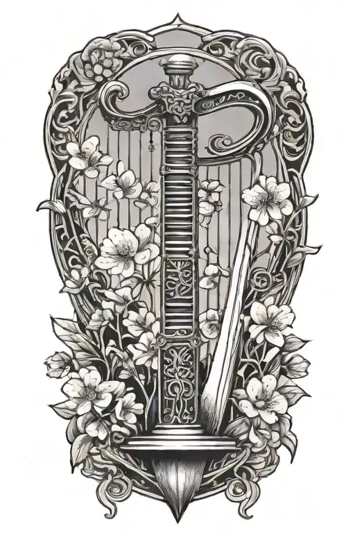Sword And Harp With Cherry Blossoms In Background