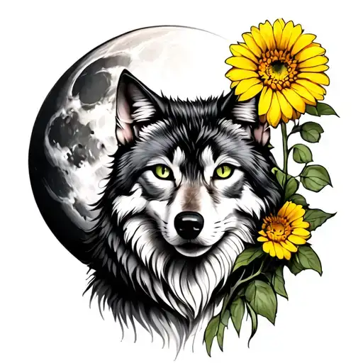 Wolf With Cat Under Full Moon And Yellow Gerbera