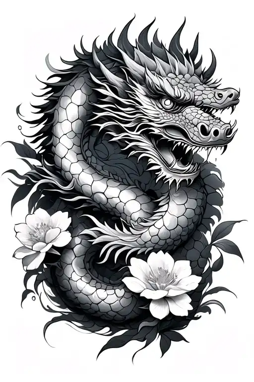 Japanese Dragon And Flowers