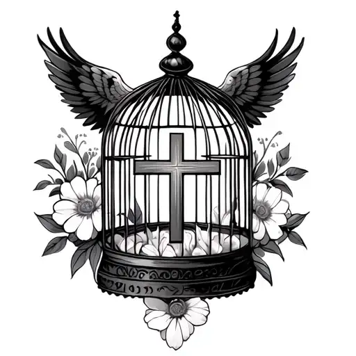 A Birdcage With A Cross In The Middle As An Opening Surrounded By Flowers
