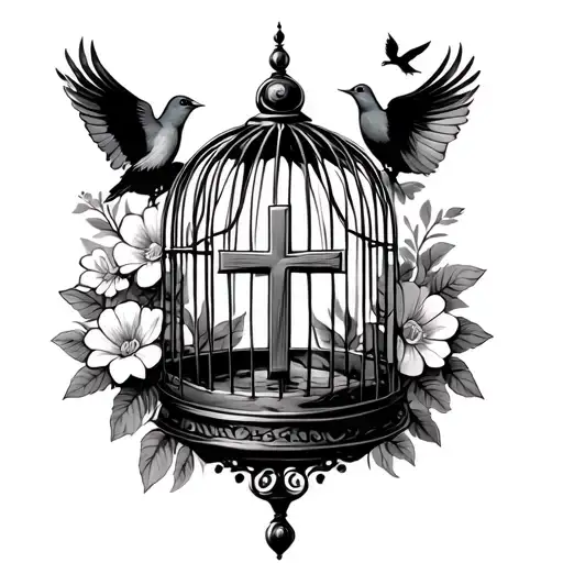 A Birdcage With A Cross In The Middle As An Opening Surrounded By Flowers With A Bird Flying Away