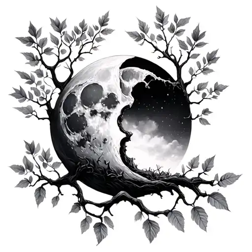 Tree Branchess And Upside Down View Of Leaves Growing Divided With A Moon