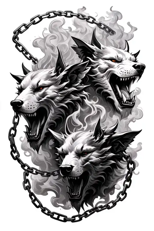 3 Cerberus Heads With Chains And Smoke Coming Together