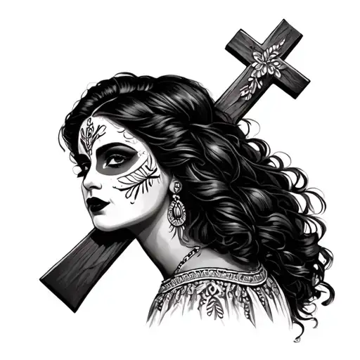 Cross With Mexican Lady With Face Paint